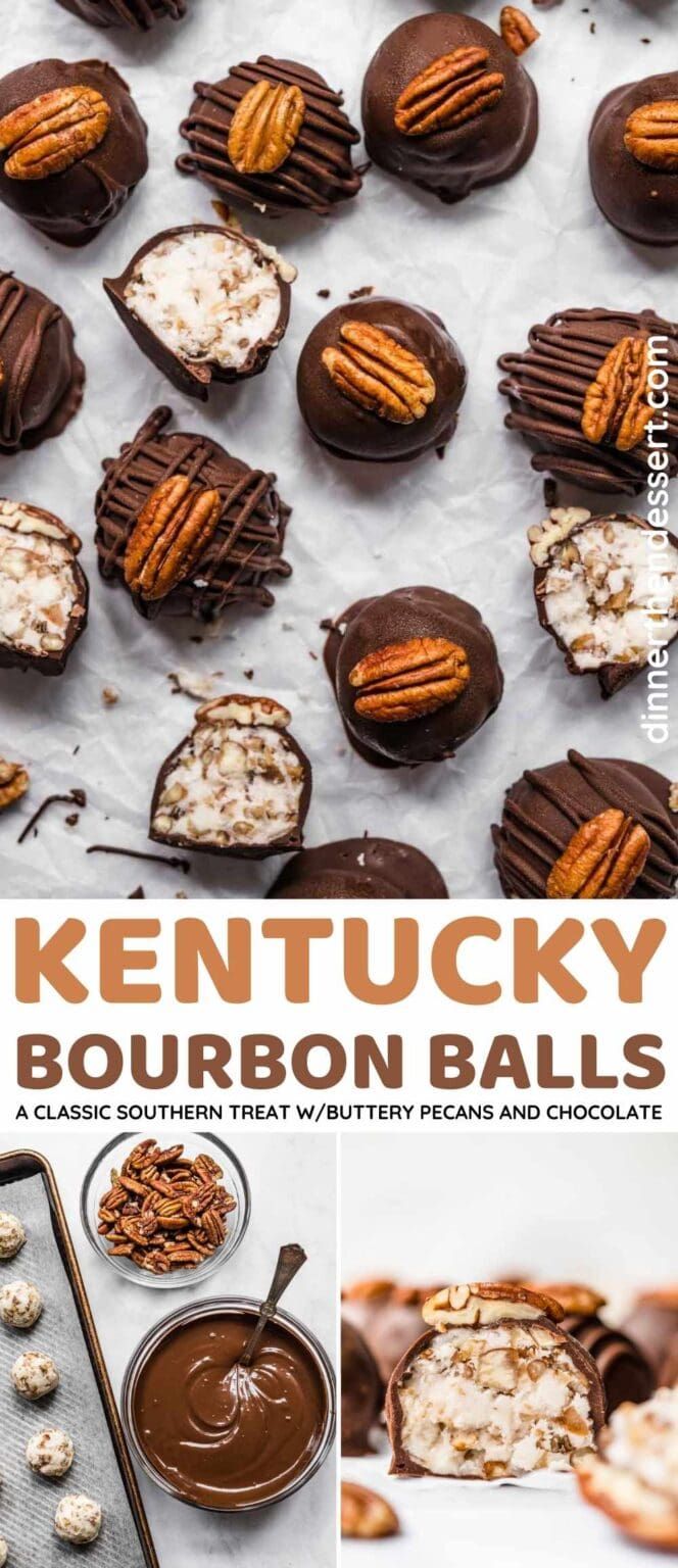 kentucky bourbon balls with chocolate and pecans in the background