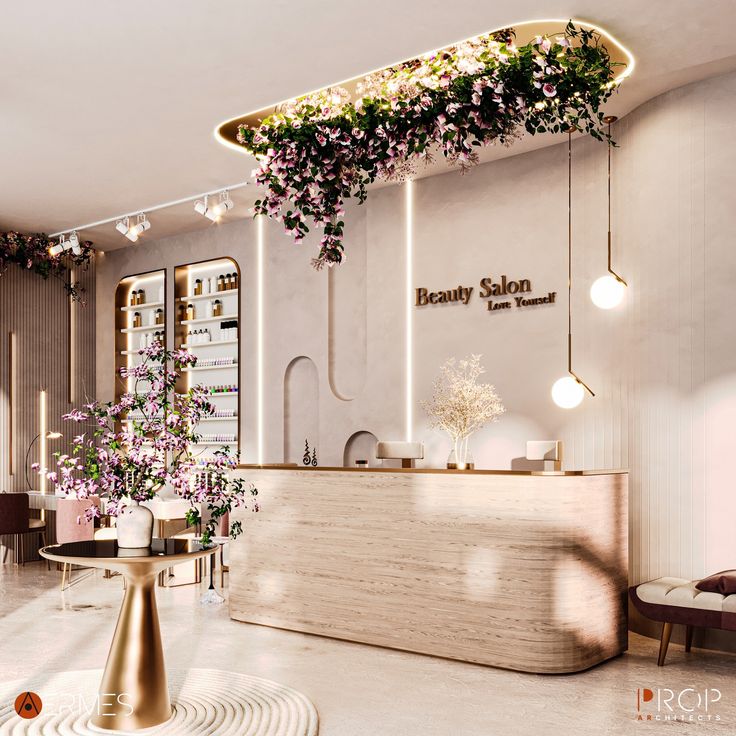 the interior of a beauty salon with flowers hanging from the ceiling and lights on the wall