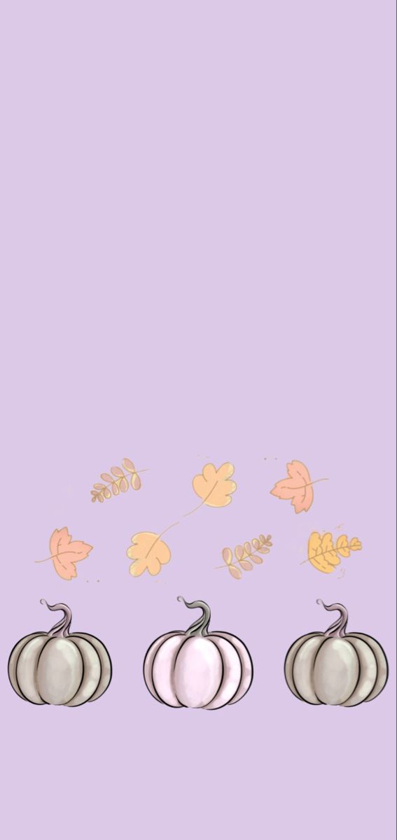 three pumpkins with leaves flying in the air on a purple background, one is white and