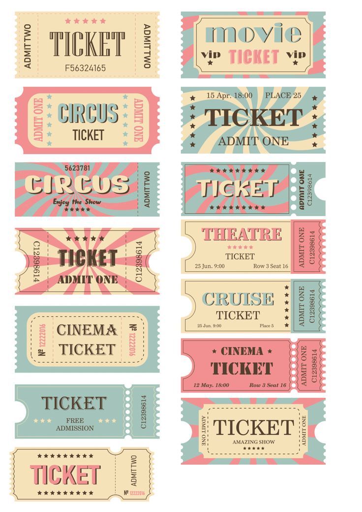 several different types of movie tickets with the words movies and ticket on each one side