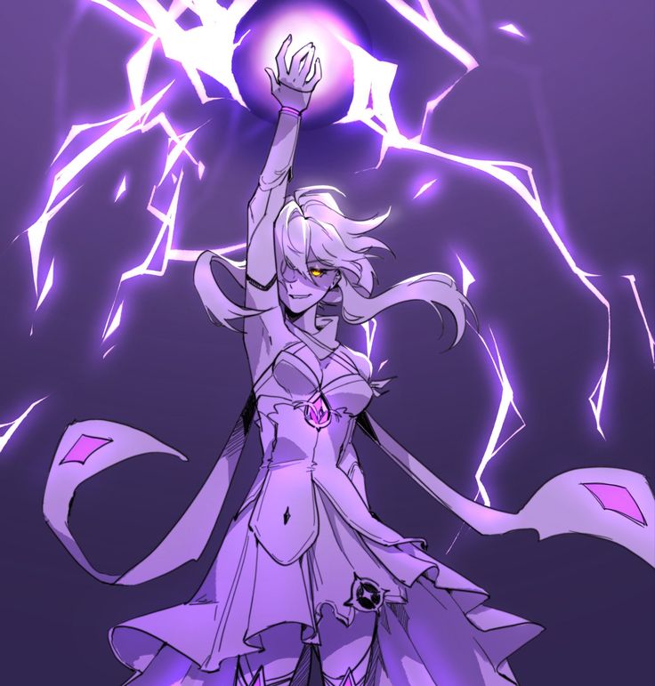 an anime character is holding a ball in her hand and lightning behind her, with one arm up