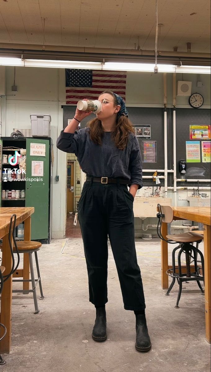 Bandana Work Outfit, Teacher Outfits Doc Martens, Doc Martens Outfit Business Casual, Docs Business Casual, Urban Clothing Style Women, Dress Pants And Doc Martens, Docs Work Outfit, Business Casual Lesbian Work Outfits, Doc Martins Work Outfits