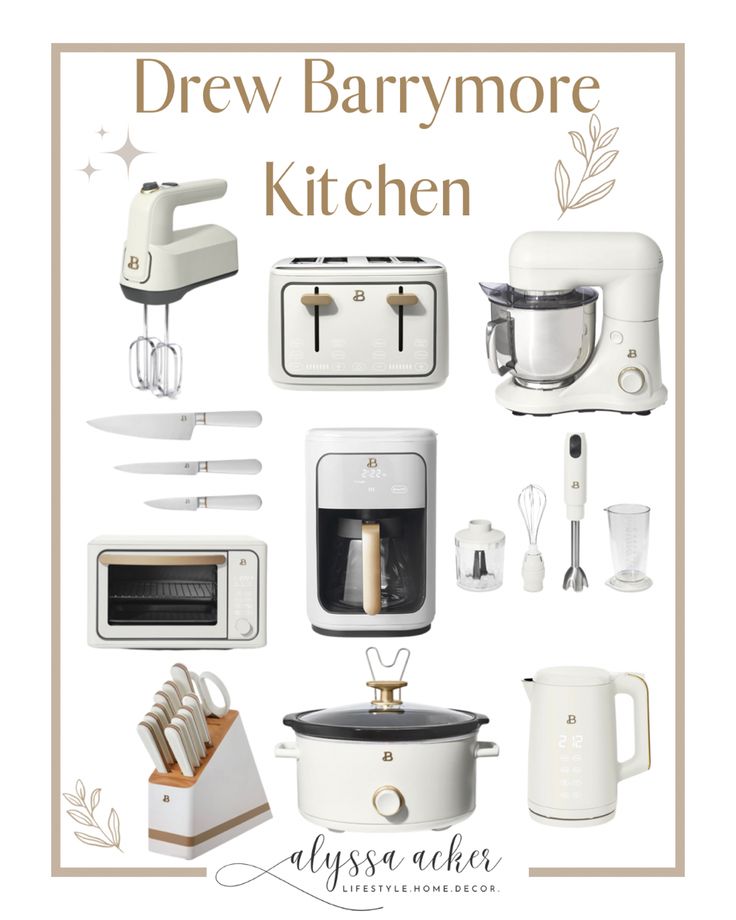 an advertisement for a kitchen with appliances and utensils on the front, including a blender, mixer, toaster, coffee maker, microwave, and more