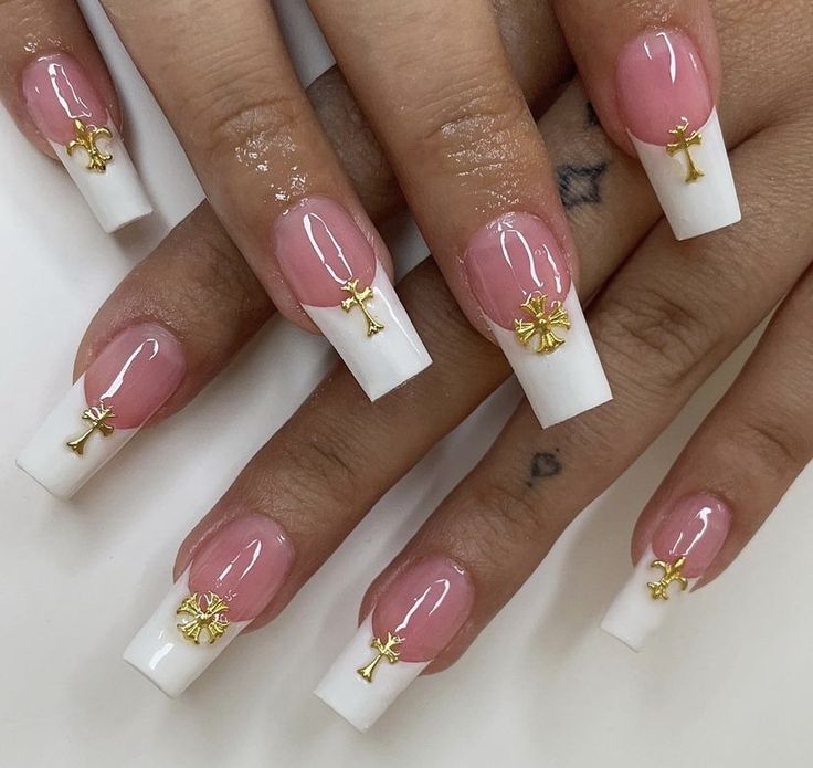 White French With Design, White N Gold Nails, White French Tip Nails With Cross Charm, French Nails With Cross Charm, White French Tip With Gold Charms, Gold Charms Nails, Gold Nail Charm Designs, Acrylic Nails Nude, Bunny Nails