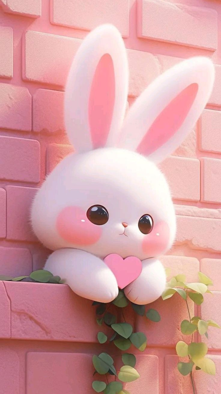 a white stuffed rabbit sitting on top of a pink brick wall next to a plant