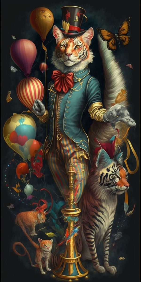 a painting of a cat standing on top of a lamp post with balloons and cats around it