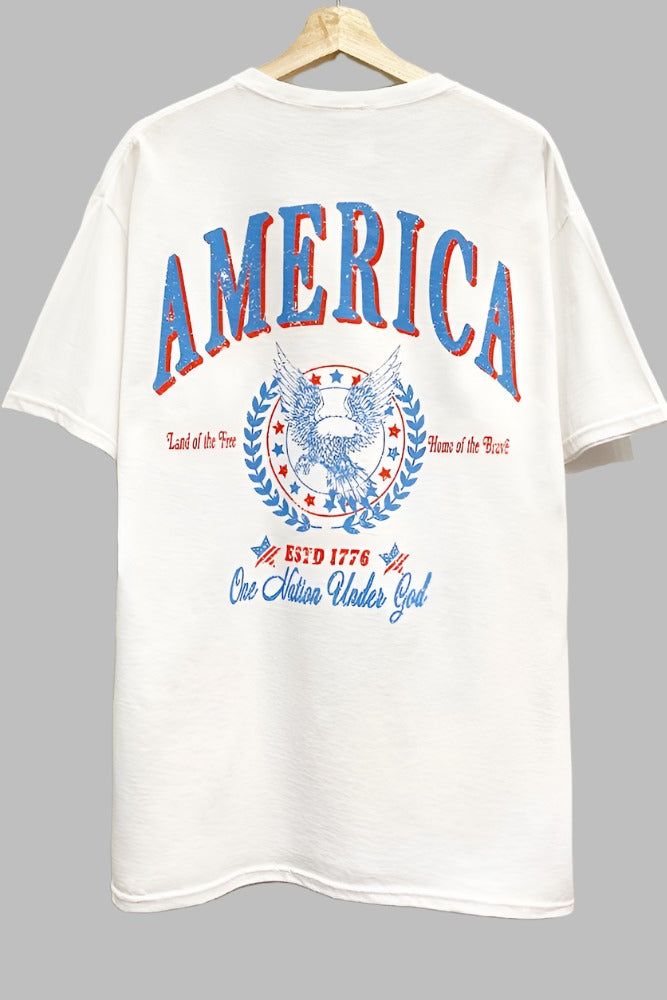 America Graphic T Shirt Retro American Flag Print Summer T-shirt, Independence Day Streetwear T-shirt Crew Neck, American Retro Cotton Tops With Screen Print, American Style Flag Print T-shirt For 4th Of July, 4th Of July Cotton T-shirt With Text Print, American Retro Short Sleeve Cotton T-shirt, Independence Day Graphic Tee With Graphic Print, American Retro Cotton Tops For Streetwear, Relaxed Fit Graphic Print Americana Tops