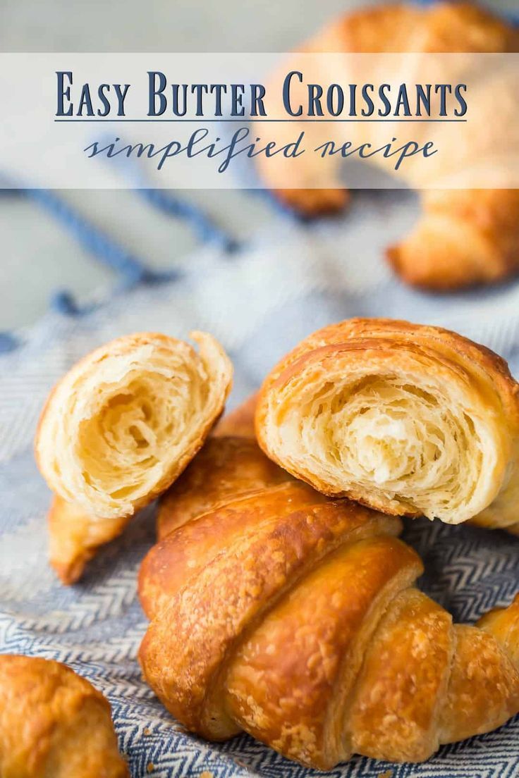 croissants are piled on top of each other with the words, easy butter croissants simply fried recipe