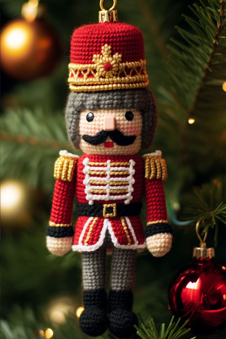 a crocheted nutcracker ornament hanging from a christmas tree