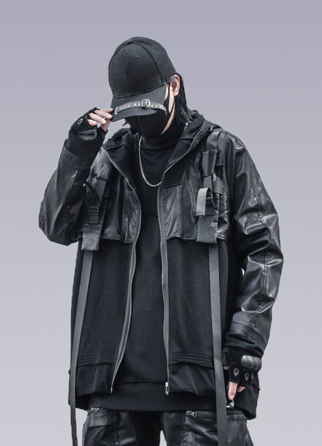 techwear leather jacket Leather Techwear Outerwear For Streetwear, Techwear Leather Jacket For Streetwear, Winter Techwear Leather Jacket, Leather Urban Outerwear For Urban Adventures, Urban Outerwear For Winter Concerts, Urban Outerwear For Fall Concerts, Urban Style Outerwear For Fall Concerts, Urban Fall Outerwear For Concerts, Urban Fall Concert Outerwear