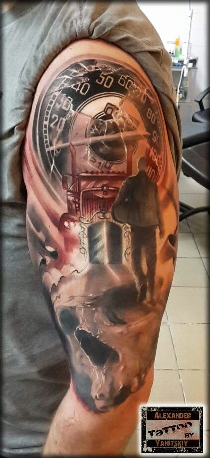 a man with a tattoo on his arm that has an image of a person and a clock