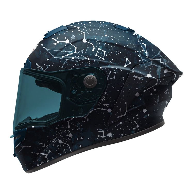 the helmet is decorated with stars and music notes on it's black plastic shell