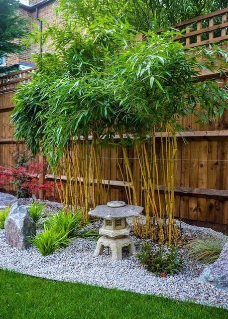 a small garden with rocks and plants in the center, along with a wooden fence