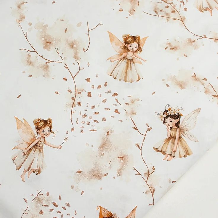 a white sheet with brown fairy tinkerbells on it