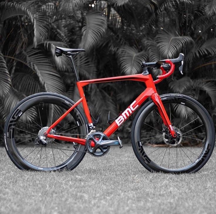 a red bike parked in front of some bushes