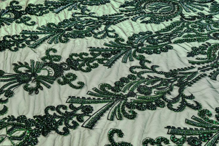 Emerald green beads, sequins, and embroidery on an emerald green tulle. Green Tulle, Embroidered Tulle, Green Beads, Green Bead, Emerald Green, Damask, All The Colors, Emerald, Textiles