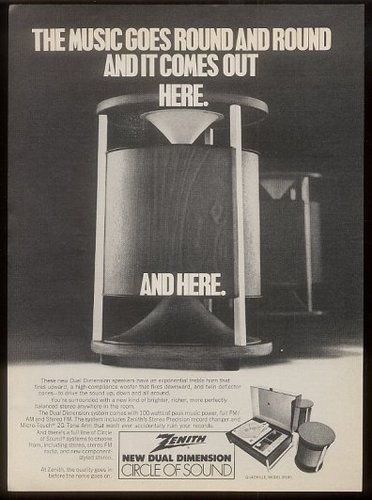 an old advertisement for the new music equipment from the'70's, featuring two speakers and a record player