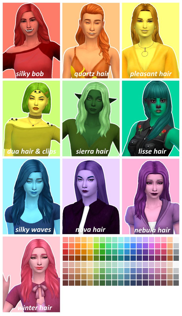 many different colored hair styles and colors for each woman's face, with the names in