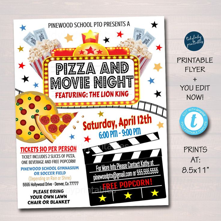 a flyer for a movie night with popcorn, pizza and moviestripe on it