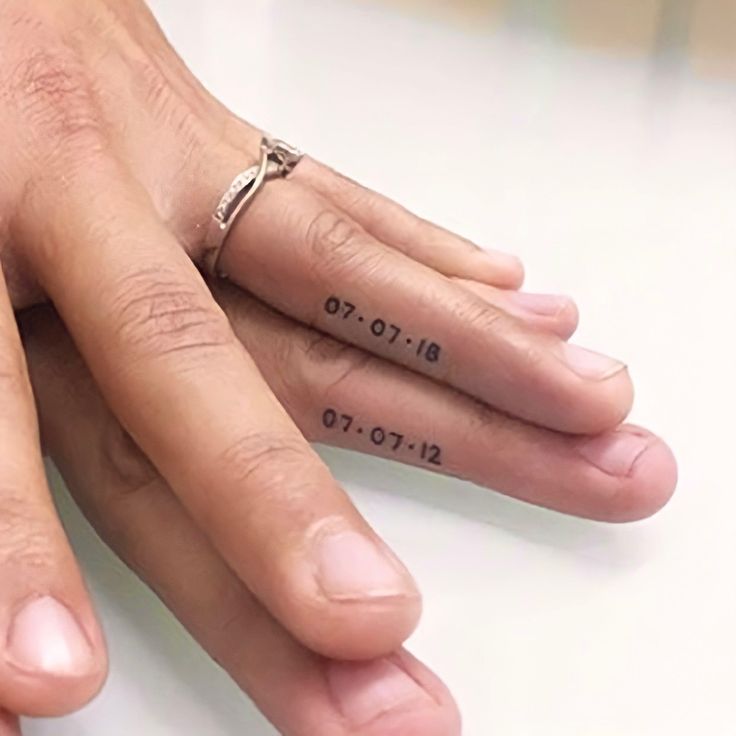 two people's hands with wedding rings on their fingers and numbers tattooed on them