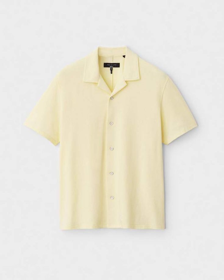 The Avery is a classic made modern. We took the ultimate button down and remade it for the season in a loopback jersey knit that's as soft as your favorite tee, cut in an ideal warm-weather silhouette. Features matte-black buttons and an extra laid-back fit. rag & bone Men's Classic Fit Button Down Shirt | Light Yellow, Medium (also in XS,S,L,XL,XXL) Yellow Shirt Men, Yellow Button Up Shirt, Sunset Theme, Cookie Factory, Family Vacay, Uniqlo Men, Vacay Outfits, Half Sleeve Shirts, Fortune Cookie