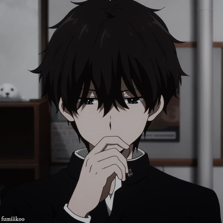 an anime character with black hair wearing a suit and tie