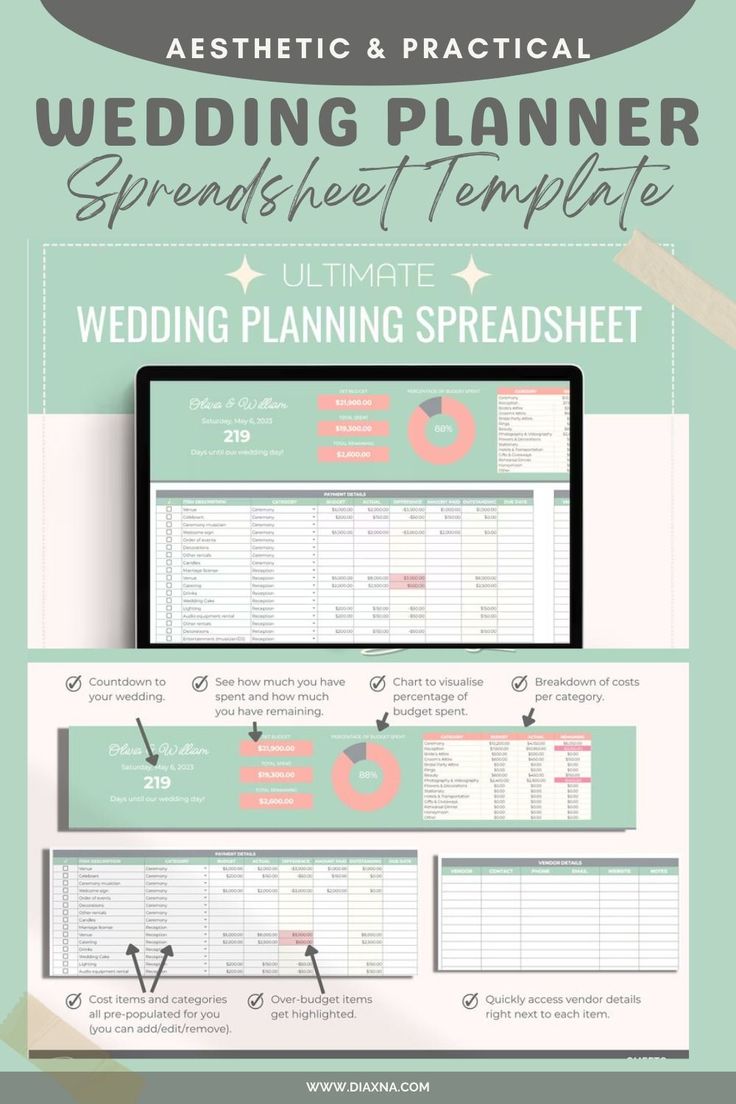 Wedding Planning Made Easy: Top Aesthetic Wedding Planner Spreadsheet Templates. Streamline Your Wedding Prep and Organize Your Big Day With Practical Planner Spreadsheets! — DIAxNA undateddigitalplanner #weddingonabudget #financeplanner #undated... Wedding Digital Planner, Wedding Planner Aesthetic, Wedding Planner Templates, Wedding Planner Spreadsheet, Wedding Spreadsheet, Wedding Planning Spreadsheet, Wedding Planning Templates, Free Wedding Planner Printables, Budget Planner Free