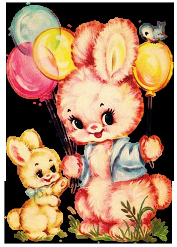 an easter bunny holding balloons and a teddy bear