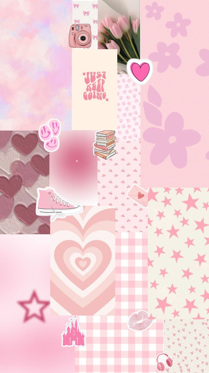 a pink and white wallpaper with hearts, stars, and other things