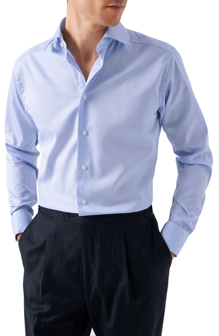 Cut in a slim fit, this sharp dress shirt is constructed from high-performance, crease-resistant cotton and fitted with a classic spread collar. 32" length; 45" chest (size 16.5) French placket Spread collar Mitered, adjustable button cuffs Darts at the back to adjust the width Curved hem 100% cotton Dry clean or machine wash, line dry Imported Tailored Cotton Dress Shirt For Office, Fitted Blue Shirt For Semi-formal Occasions, Timeless Business Dress Shirt With Hidden Button Closure, Tailored Timeless Shirt For Business Casual, Tailored Blue Shirt For Formal Occasions, Tailored Blue Dress Shirt For Business, Business Dress Shirt With Spread Collar For Spring, Slim Fit Dress Shirt For Spring Office Wear, Classic Fitted Cotton Shirt