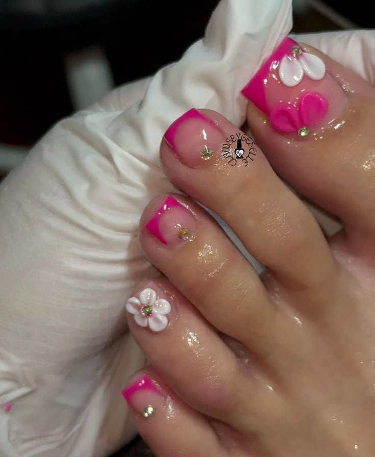 Pink Pedicure French Tip, Pedicure Designs Toenails 2024, Red Toes With Design, Acrylic Toes Tutorial, Gel X Toe Nails, Hibiscus Toe Nails, French Pedicure Pink, Summer Acrylic Toes, Acrylic Toe Ideas