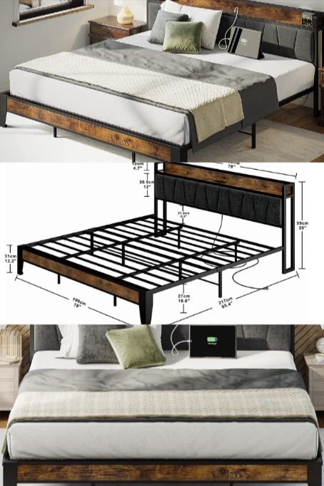 the bed frame is made from wood and metal