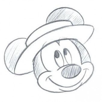 a drawing of mickey mouse with a hat on his head and eyes drawn in pencil