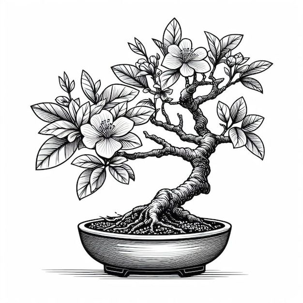 an ink drawing of a bonsai tree in a bowl