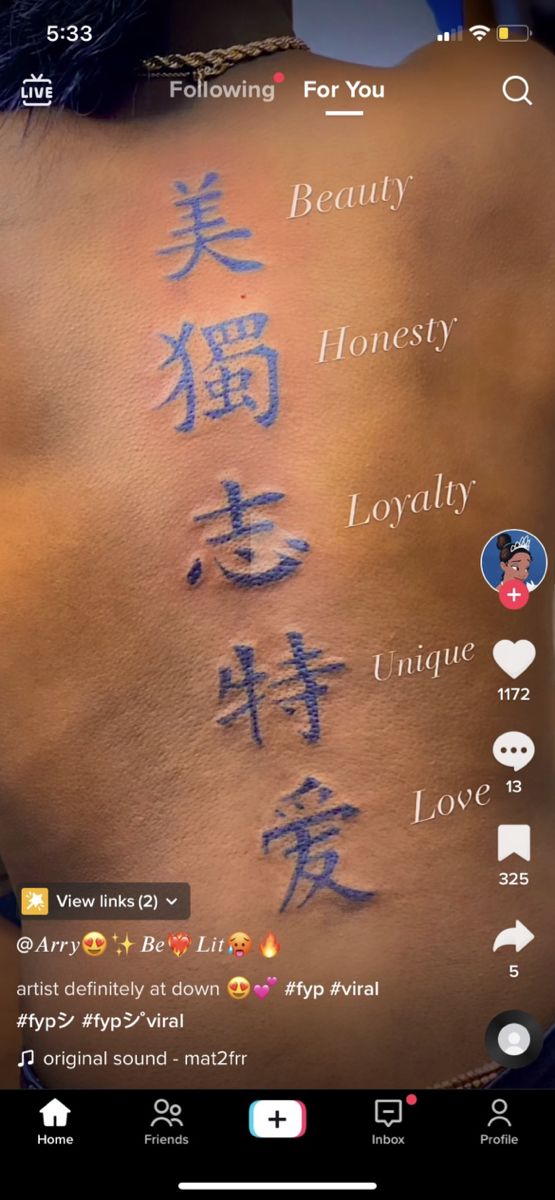 the back of a woman with chinese writing on her chest and words written in different languages