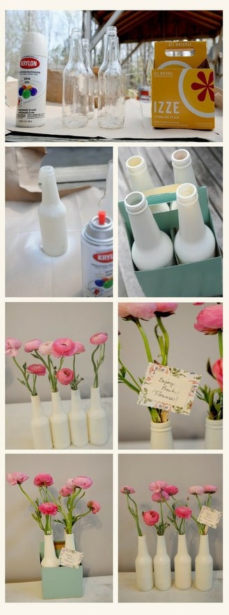 several pictures of vases with flowers in them and some empty bottles on the table