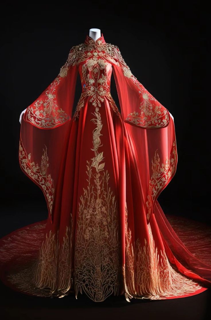 Red Queen Gown, Red Dress Fantasy Gowns, Wedding Chinese Dress, Hanfu Dress Red, Red And Gold Wedding Dress, Red Royal Dress, Chinese Empress Dress, Red Fantasy Dress, Chinese Dress Traditional