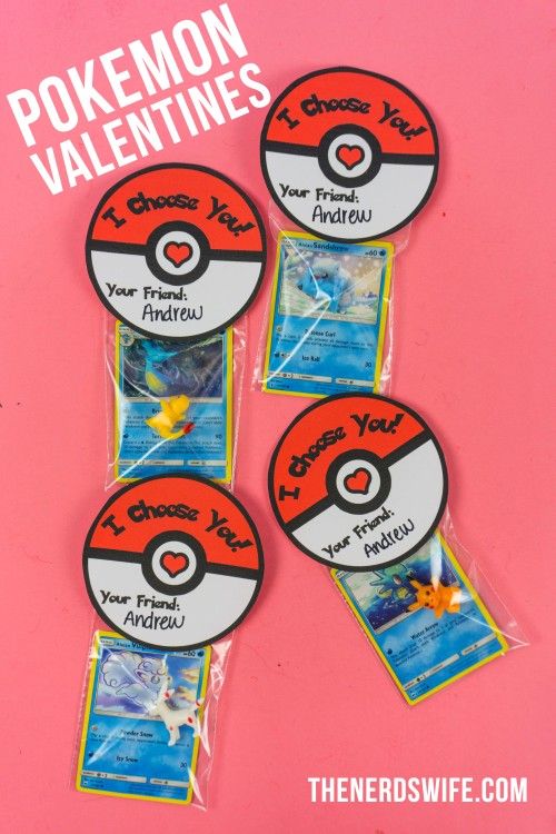 four pokemon valentine's day tags with the words, i love you