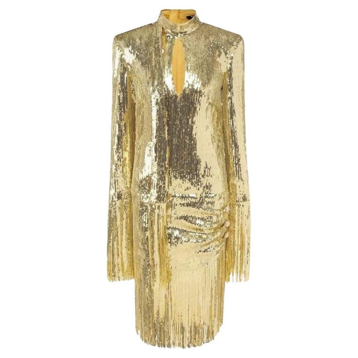 Step out of the car and waltz into your next event with Balmain's eye-catching mini dress. With golden sequins and dazzling fringe, this overly embellished statement piece will carry you through the holiday season effortlessly. Concealed zip fastening along back Composition: 96% polyester, 4% elastane Dry clean Made in France Sequined Mini Dress, Evening Mini Dresses, Dazzling Dress, Tie Scarf, Mini Dresses Online, Runway Dresses, Gold Flecks, Jenny Packham, Gowns With Sleeves