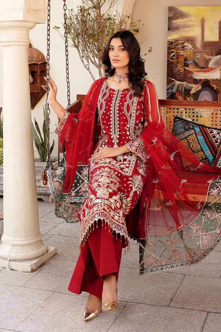 Elegant Embroidered Cherry Red Pakistani Salwar Kameez Dupatta Suit in Cheery Red Jacquard that comes in premium chiffon fabric and plain Side Panels with Back, Sleeves, and Jacquard Dupatta with Dyed Silk Trousers. the perfectly stitched kameez salwar suit gives a royal look at festivals. Embroidered Kameez: The Pakistani kameez salwar suit makes a beautifully crafted Kameez with gorgeous Sitara accents and sparkling Layered net bottom. Salwar: Pakistani Kameez salwar Suit finish its look when Pakistani Kameez, Pakistani Salwar, Pakistani Salwar Kameez, Anarkali Gown, Royal Look, Silk Trousers, Organza Dupatta, Red Pants, Silk Dyeing