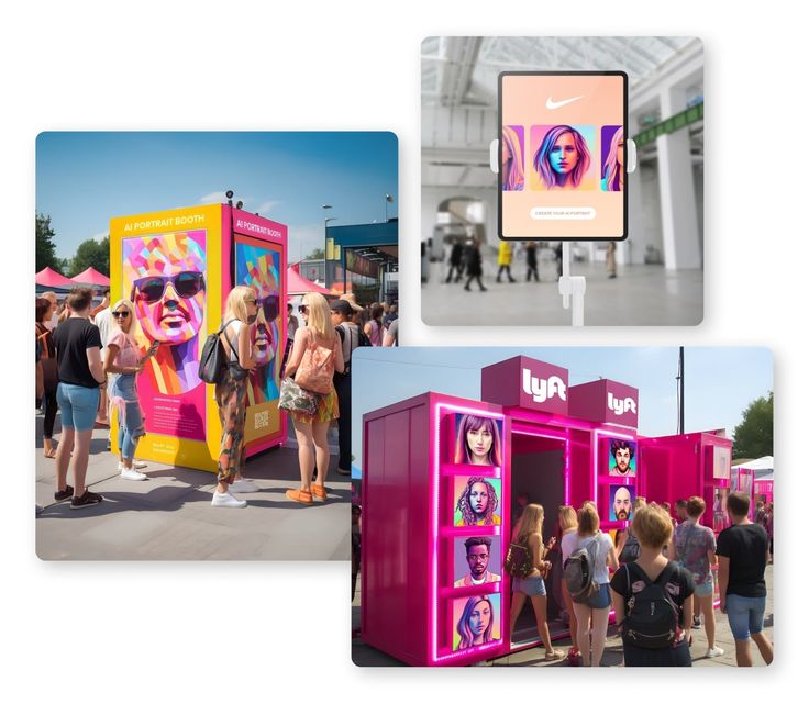 people are walking around in front of pink booths at an outdoor event, and on the other side there is a billboard