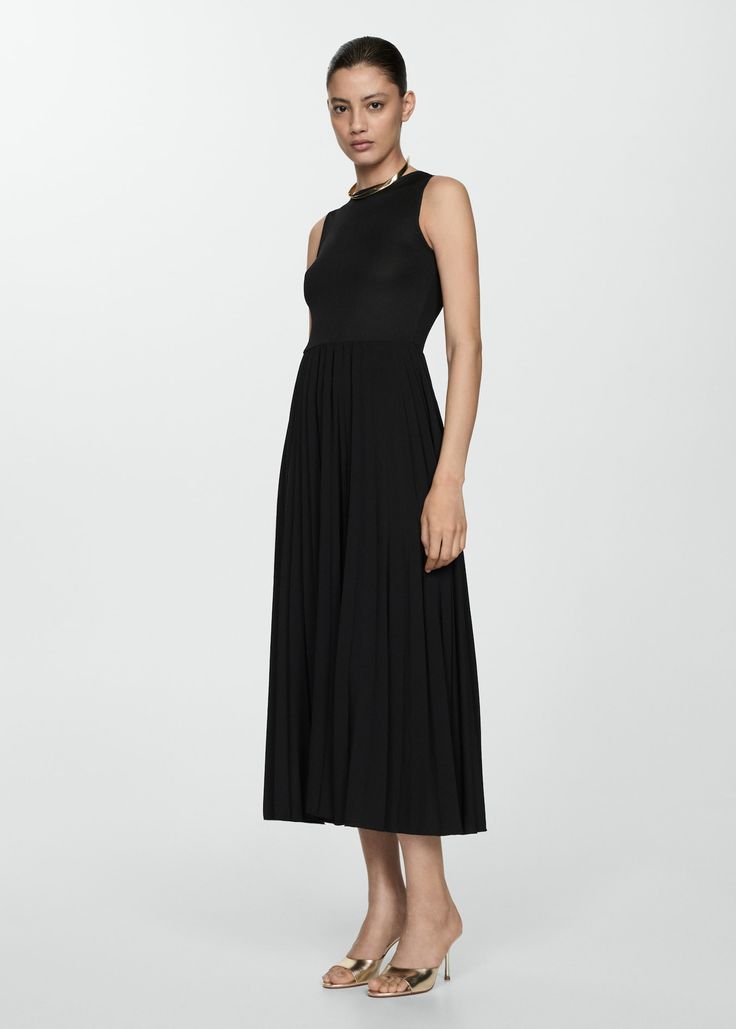 Pleated hem dress - Women | MANGO USA Flowy Fabric, Pleated Midi Dress, Hem Dress, Womens Midi Dresses, Wide Straps, Little Black Dress, Round Neck, Mango, Midi Dress