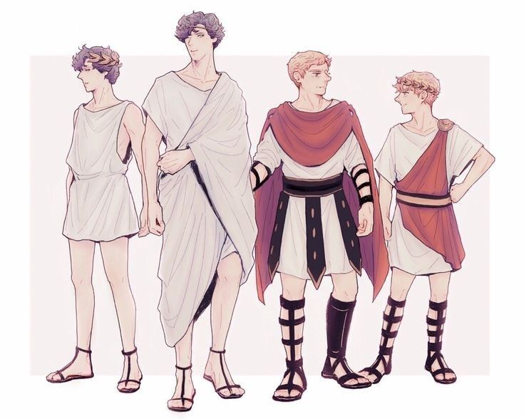 three men in roman garb standing next to each other