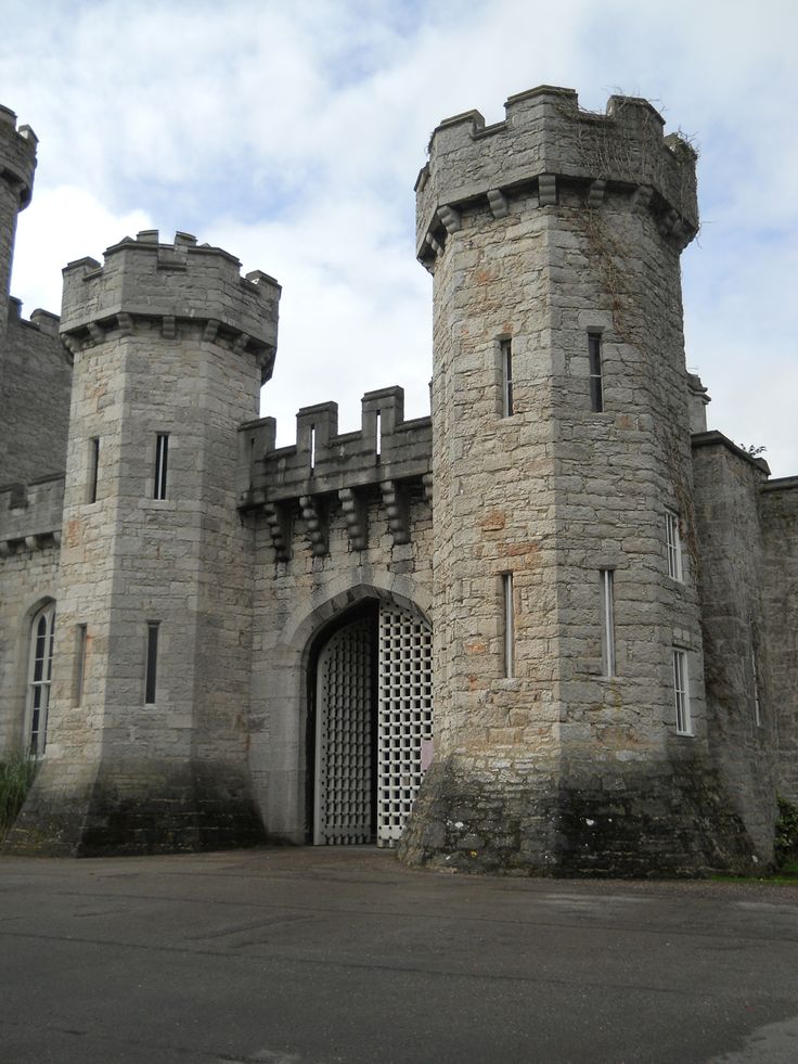 an old castle with a gate and two towers