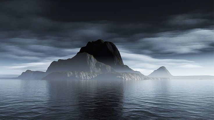 an island in the middle of water under a cloudy sky with dark clouds above it