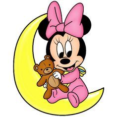 a minnie mouse sitting on the moon with a teddy bear in her lap and wearing a pink bow