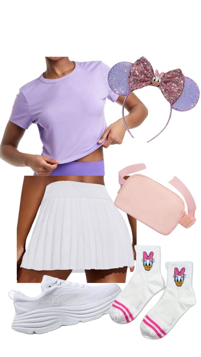 a woman wearing a purple shirt and skirt with mouse ears on her head, knee high socks