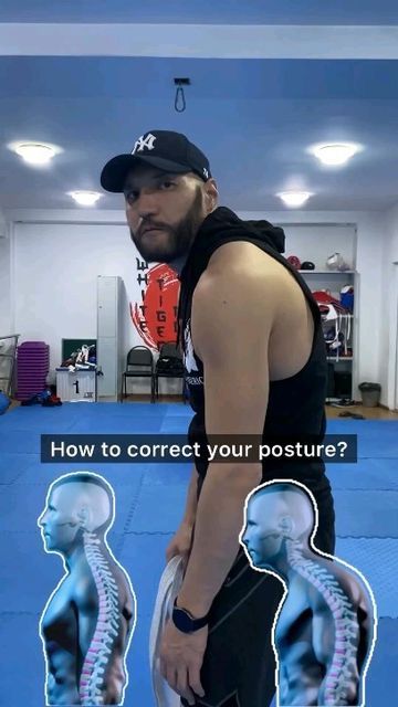 a man standing in front of a blue mat with the words how to correct your posture?