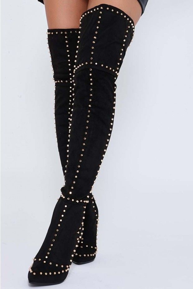 Wilmer Black Over The Knee Studded High Heeled Boots | In The Style Glamorous Knee-high Boots For Winter Night Out, Glamorous Knee-high Boots For Night Out In Winter, Glamorous Fall Knee-high Boots With Pointed Toe, Glamorous High Heel Knee-high Winter Boots, Glamorous High Heel Knee-high Boots For Winter, Edgy Over-the-knee Winter Platform Boots, Glamorous High Heel Knee-high Boots For Night Out, Glamorous Knee-high Boots For Night Out In Fall, Glamorous Winter Boots For Club