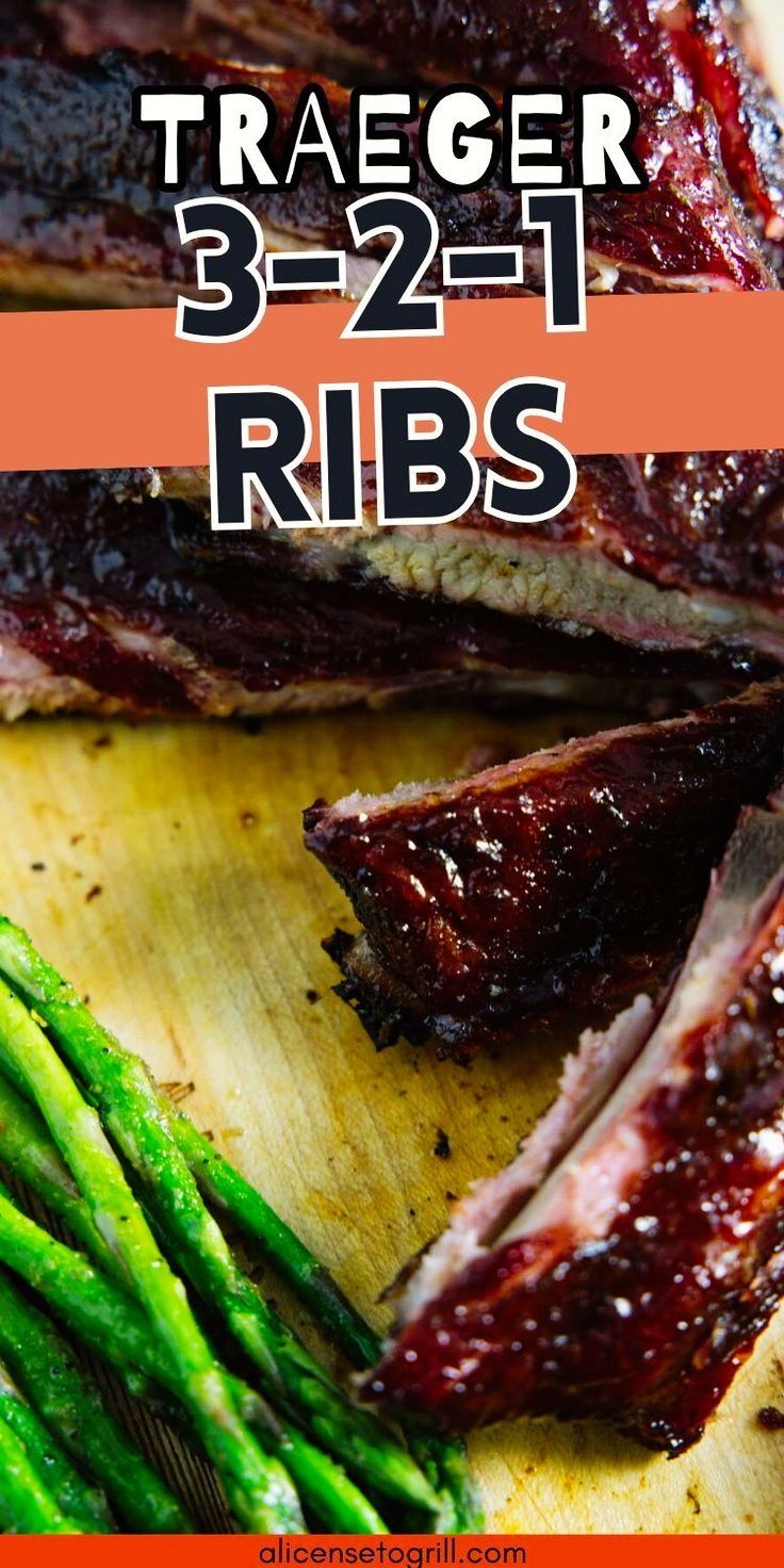 grilled ribs and asparagus on a cutting board with text overlay